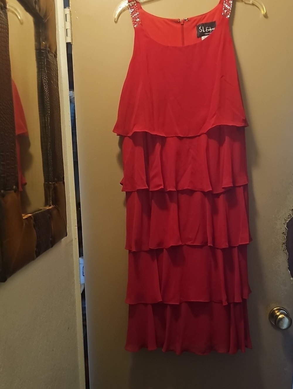 S.L. Fashions Coral-Red Tiered Chiffon Maxi Dress with Embellished Straps